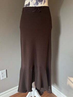 Y2K Gilani Brown Maxi Flared Hem Skirt with Drawstring Bow Detail